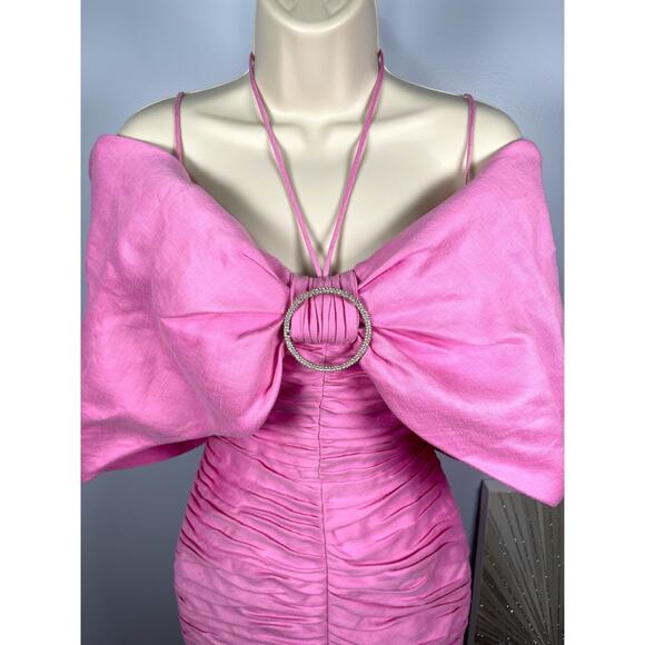 RASARIO Bow Embellished Draped Off the Shoulder Pink Linen Mini Dress Size 2 - Picture 5 of 13